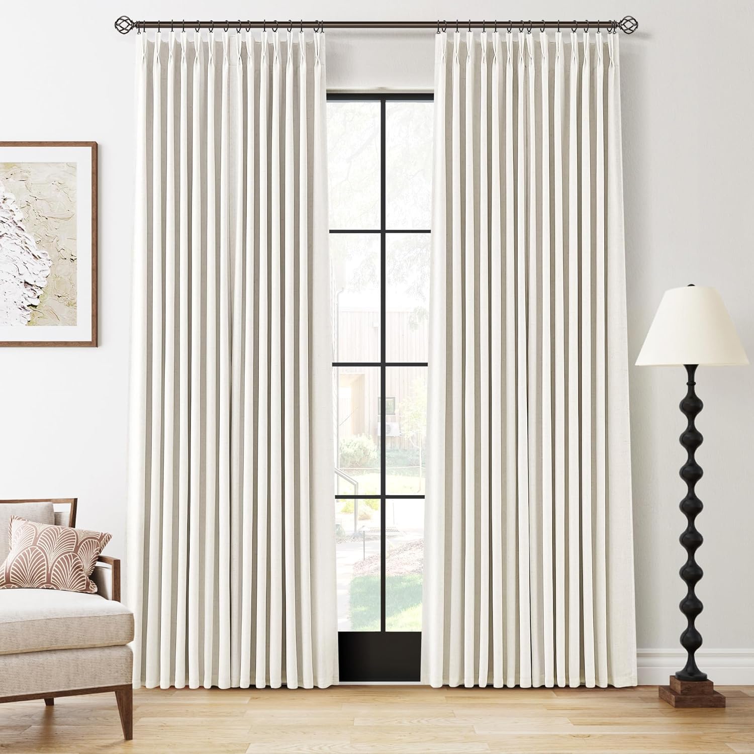 100% Blackout Pinch Pleated Curtains Linen 90 Inches Long for Bedroom 2 Panels Set Full Black Out Thermal Insulated Curtain Natural Boho Farmhouse Pinch Pleat Double Layer Room Darkening Drapes Cream