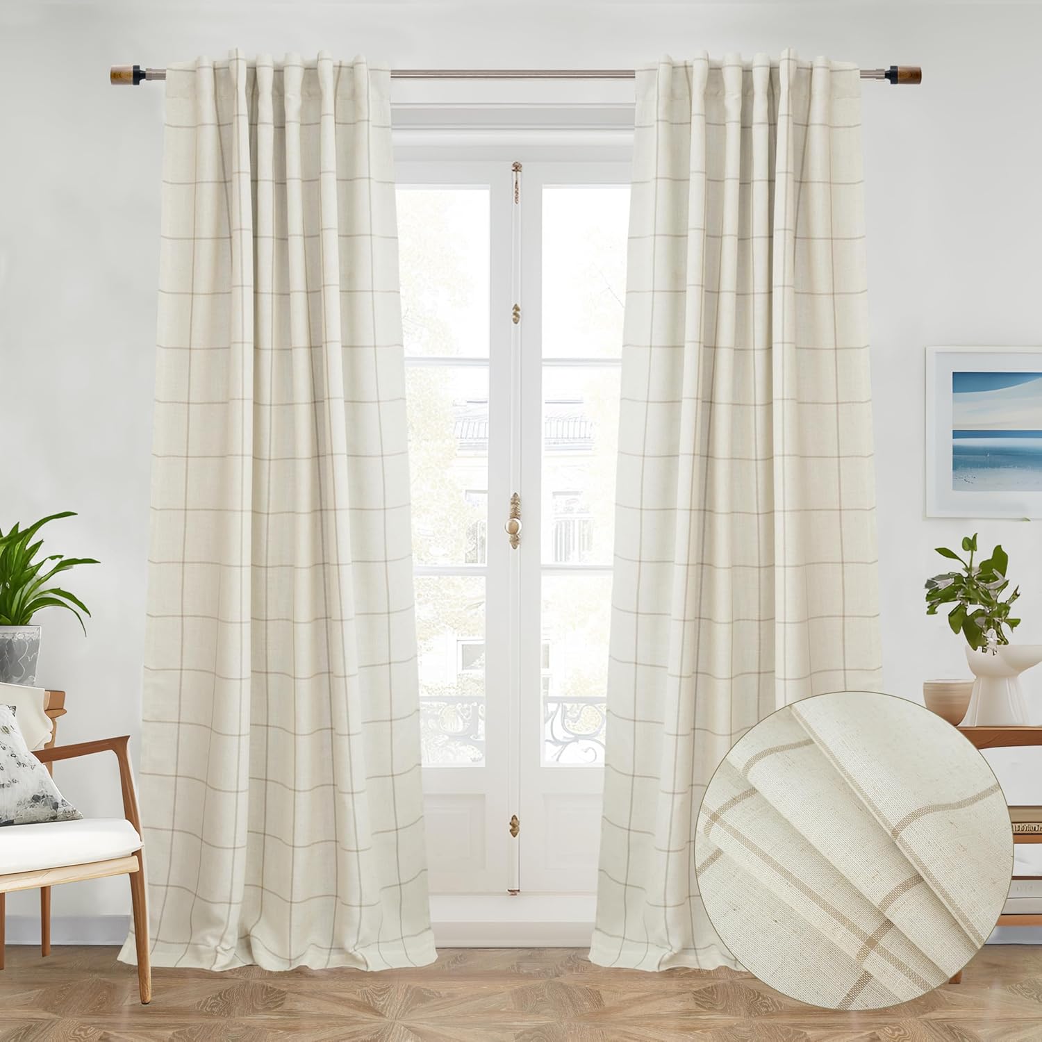 DriftAway 2 Panels 100% Blackout Windowpane Plaid Linen Curtains Double Layer Drapes for Bedroom 84 Inches Long Farmhouse Thermal Insulated 3.25 Inch Rod Pocket Back Tab for Living Room Taupe