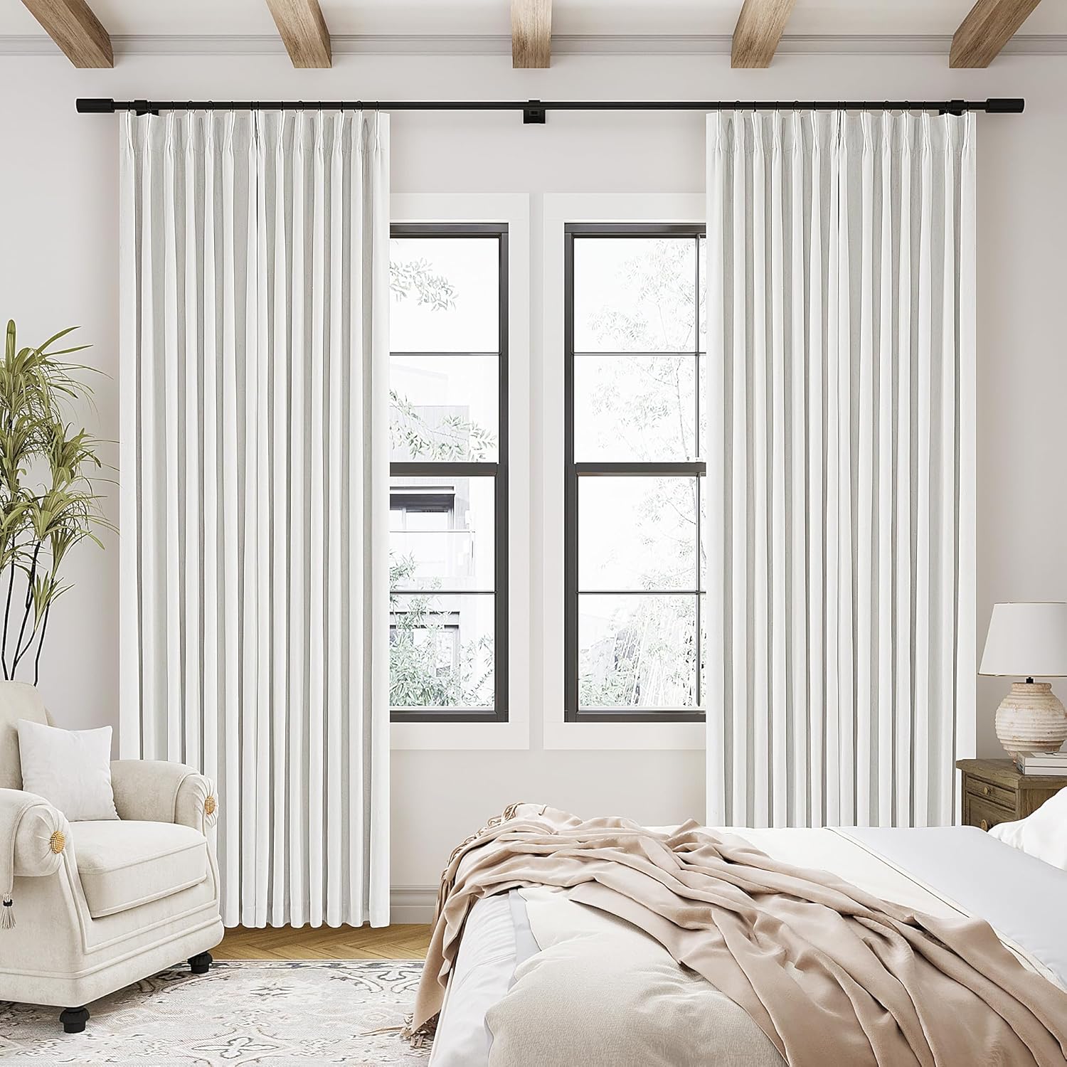 102 Inches Long Pinch Pleated Linen Blackout Curtains for Bedroom Back Tab Track Memory Trained Shape Farmhouse Light Blocking Curtains 102 Inch Length for Living Dining Room Darkening Drapes Cream