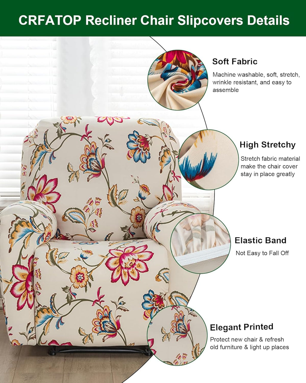 CRFATOP Stretch Recliner Cover 4-Pieces 1 Seat Recliner Chair Slipcovers Printed Fallon Collection Slipcover Recliner Lazy Boy Furniture Protector for Living Room,11