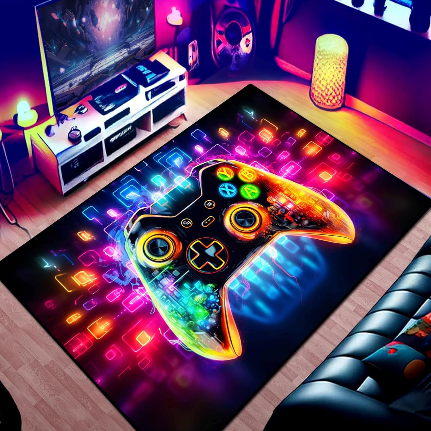 Gaming Area Rug Teen Boys Carpet, Transparent Gamepad and Colorful Lighting Background Game Controller Design for Game Room, Gaming Room, Boys Girls Bedroom Playroom, Living Room (79" x 59")