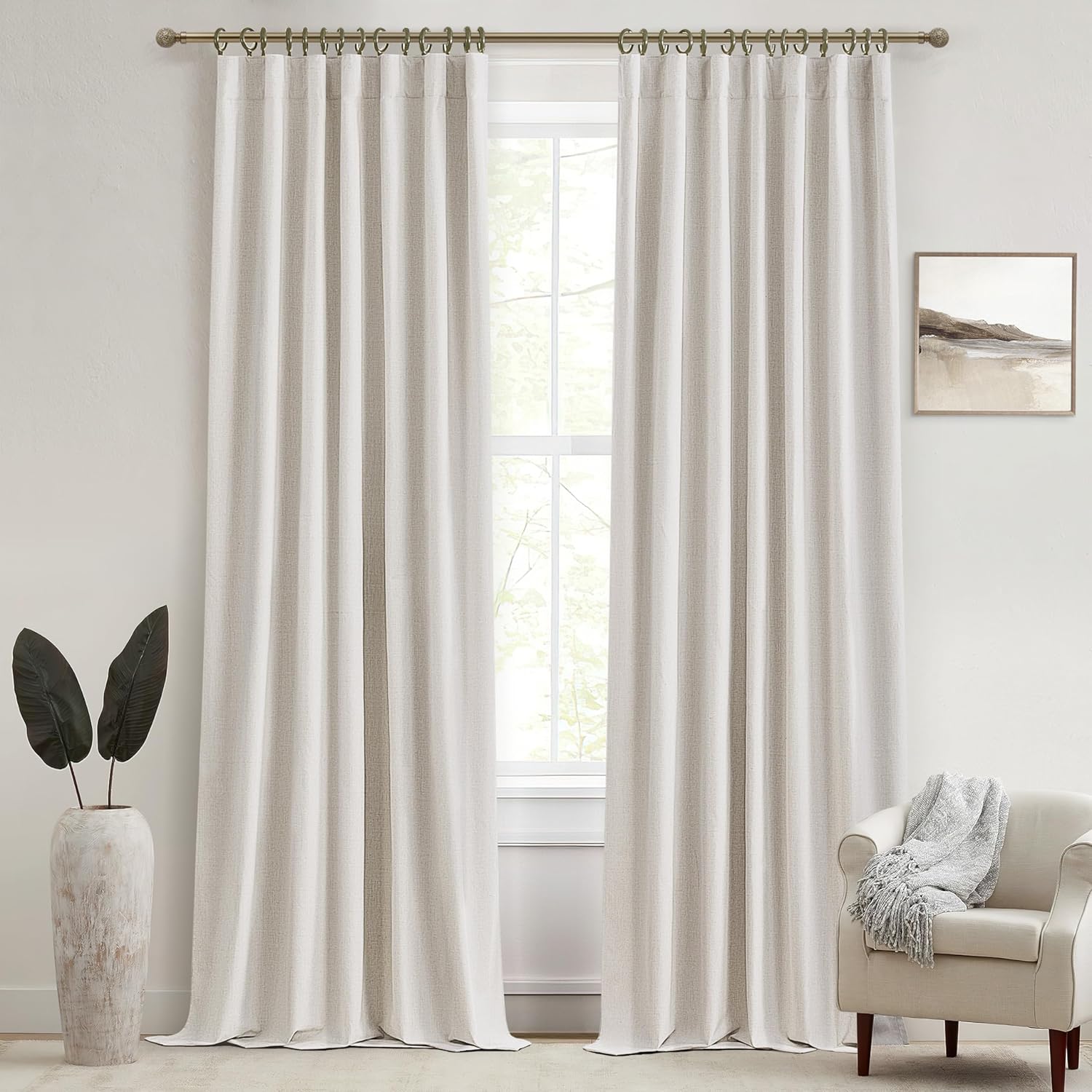 Black Out 96 Inch Long Boho Curtains 2 Panel Set, Farmhouse Curtains for Living Room Darkening/Thermal/Noise Reduction Textured Flax Linen Drape 8ft Hook&Ring Included Birch Off White 50"x96"