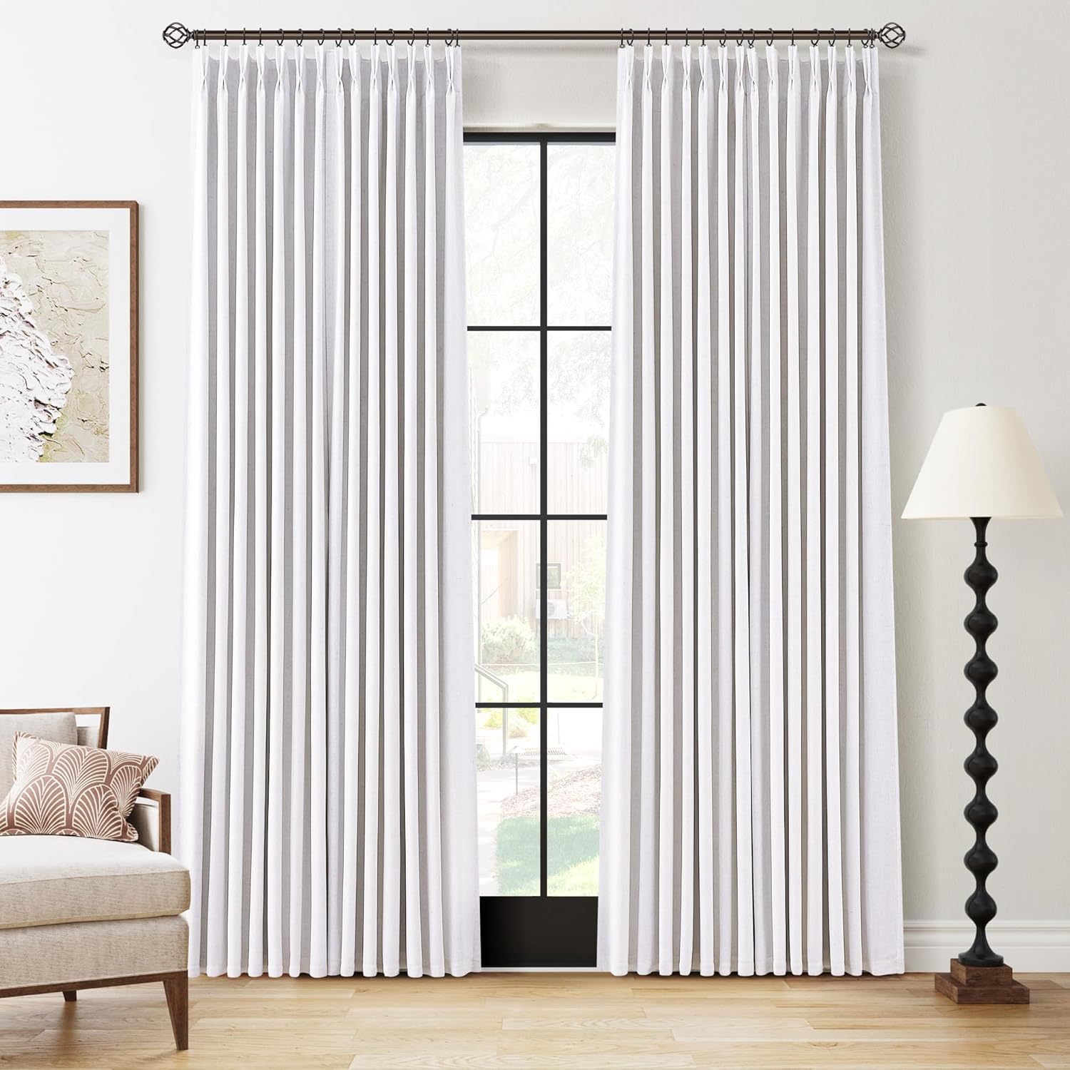 100% Blackout Pinch Pleated Curtains Linen 90 Inches Long for Bedroom 2 Panels Set Full Black Out Thermal Insulated Curtain Natural Boho Farmhouse Pinch Pleat Double Layer Room Darkening Drapes Cream