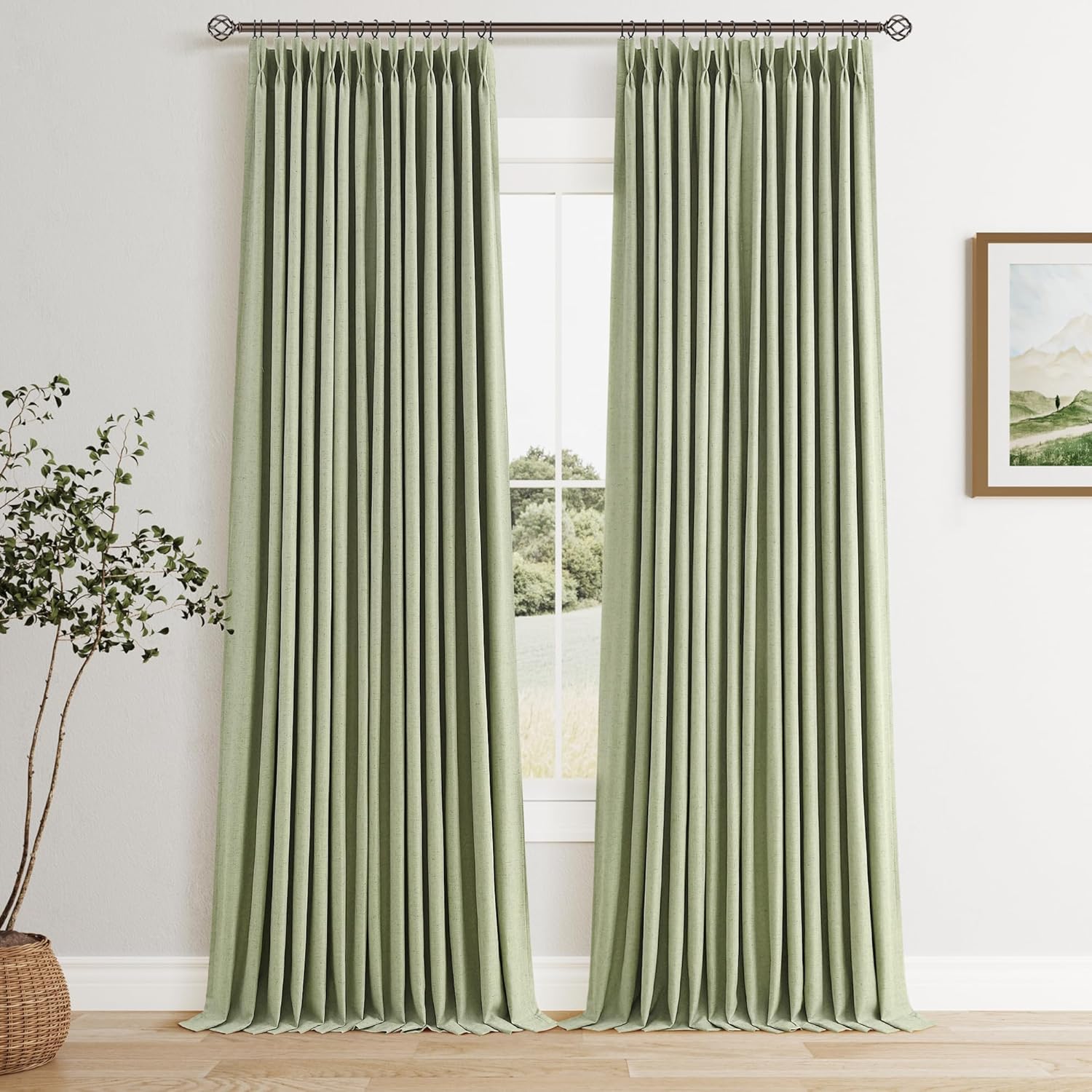 100% Blackout Pinch Pleated Curtains Linen 90 Inches Long for Bedroom 2 Panels Set Full Black Out Thermal Insulated Curtain Natural Boho Farmhouse Pinch Pleat Double Layer Room Darkening Drapes Cream