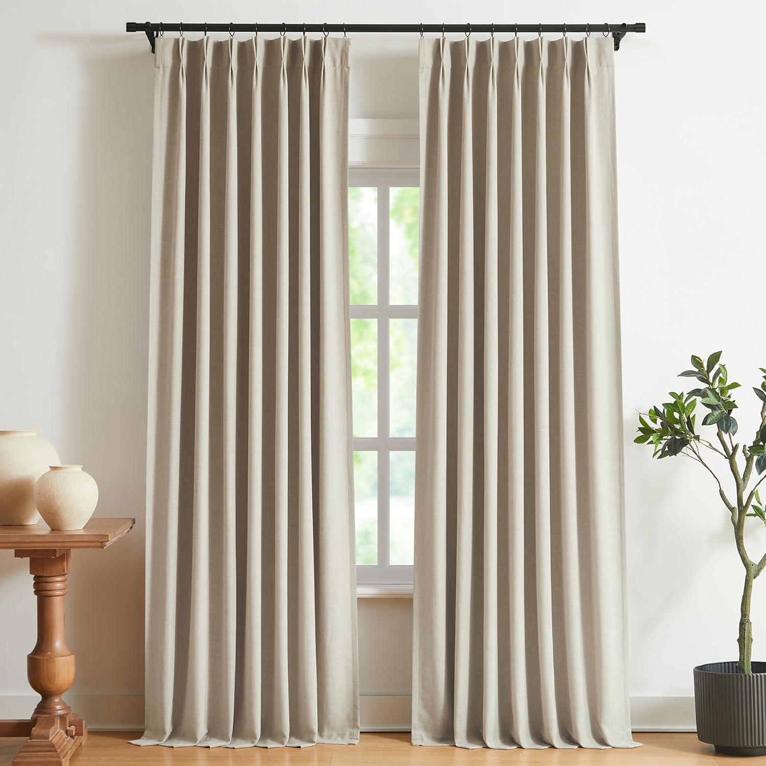 Vision Home Natural Pinch Pleated Full Blackout Curtains Linen Blended Room Darkening Window Curtains 90 inch for Living Room Bedroom Thermal Insulated Pinch Pleat Drapes with Hooks 2 Panel 40"Wx90"L