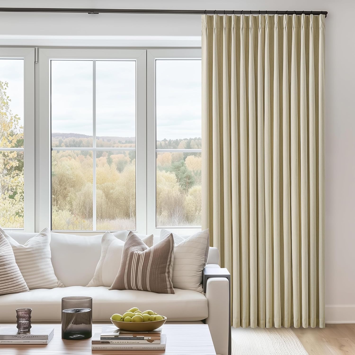 102 Inches Long Pinch Pleated Linen Blackout Curtains for Bedroom Back Tab Track Memory Trained Shape Farmhouse Light Blocking Curtains 102 Inch Length for Living Dining Room Darkening Drapes Cream