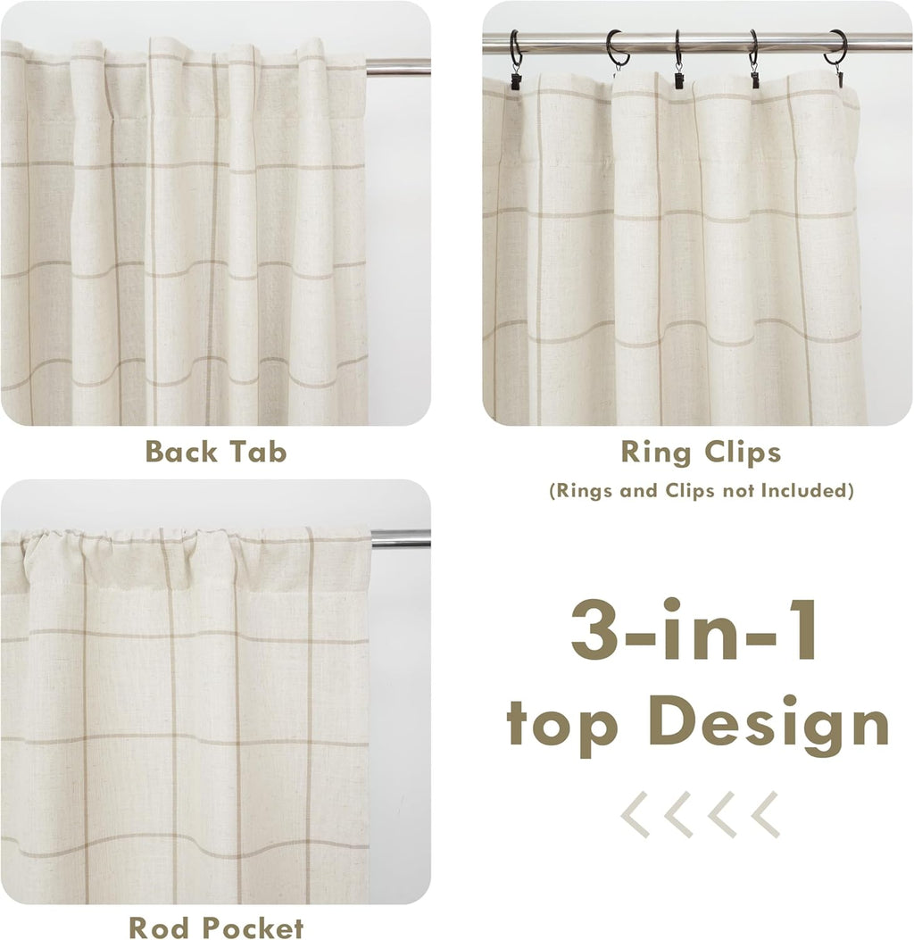 DriftAway 2 Panels 100% Blackout Windowpane Plaid Linen Curtains Double Layer Drapes for Bedroom 84 Inches Long Farmhouse Thermal Insulated 3.25 Inch Rod Pocket Back Tab for Living Room Taupe