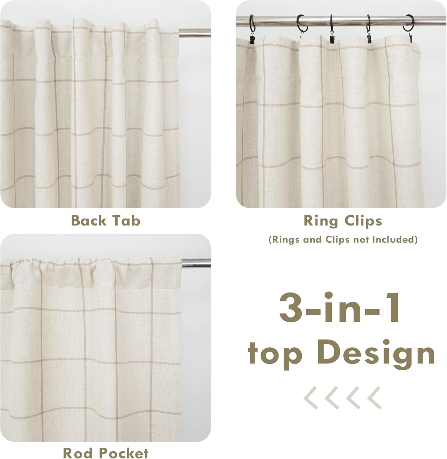 DriftAway 2 Panels 100% Blackout Windowpane Plaid Linen Curtains Double Layer Drapes for Bedroom 84 Inches Long Farmhouse Thermal Insulated 3.25 Inch Rod Pocket Back Tab for Living Room Taupe