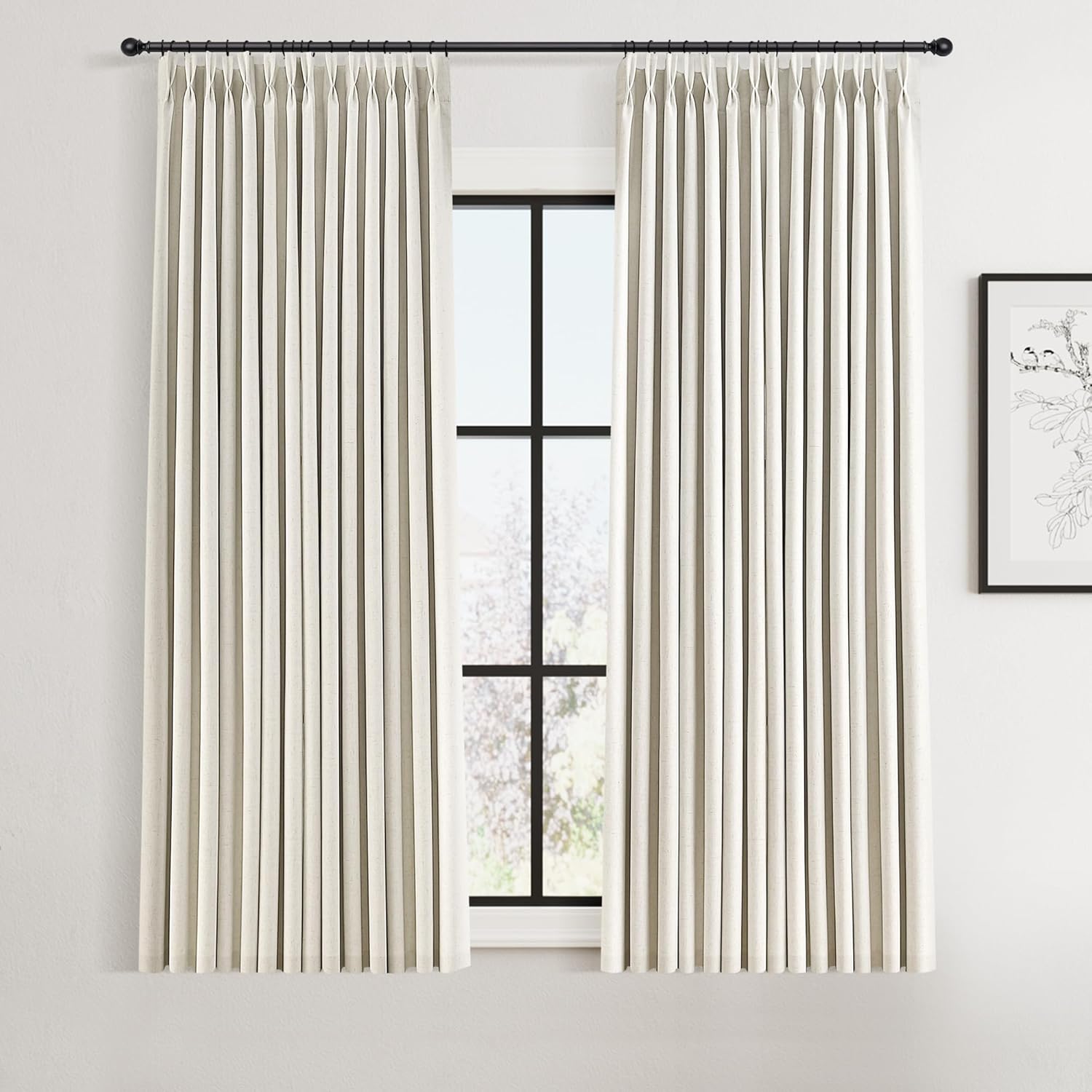 Pinch Pleated 100% Blackout Linen Curtains 96 Inches Long for Bedroom Living Room Memory Trained Pinch Pleat Linen Curtains Rustic Farmhouse Thermal Insulated Natural Cream Pleated Drapes 8ft 40x96