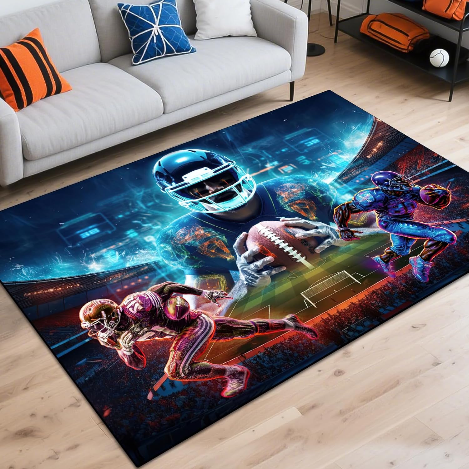 Washable Game Area Rug, Sports Ball Design Gaming Teen Carpet Rug Doormat, Non-Slip Low-Pile Floor Carpet for Computer Bedroom Indoor Front Entrance Living Room Office (Basketball 1, 79" x 59")