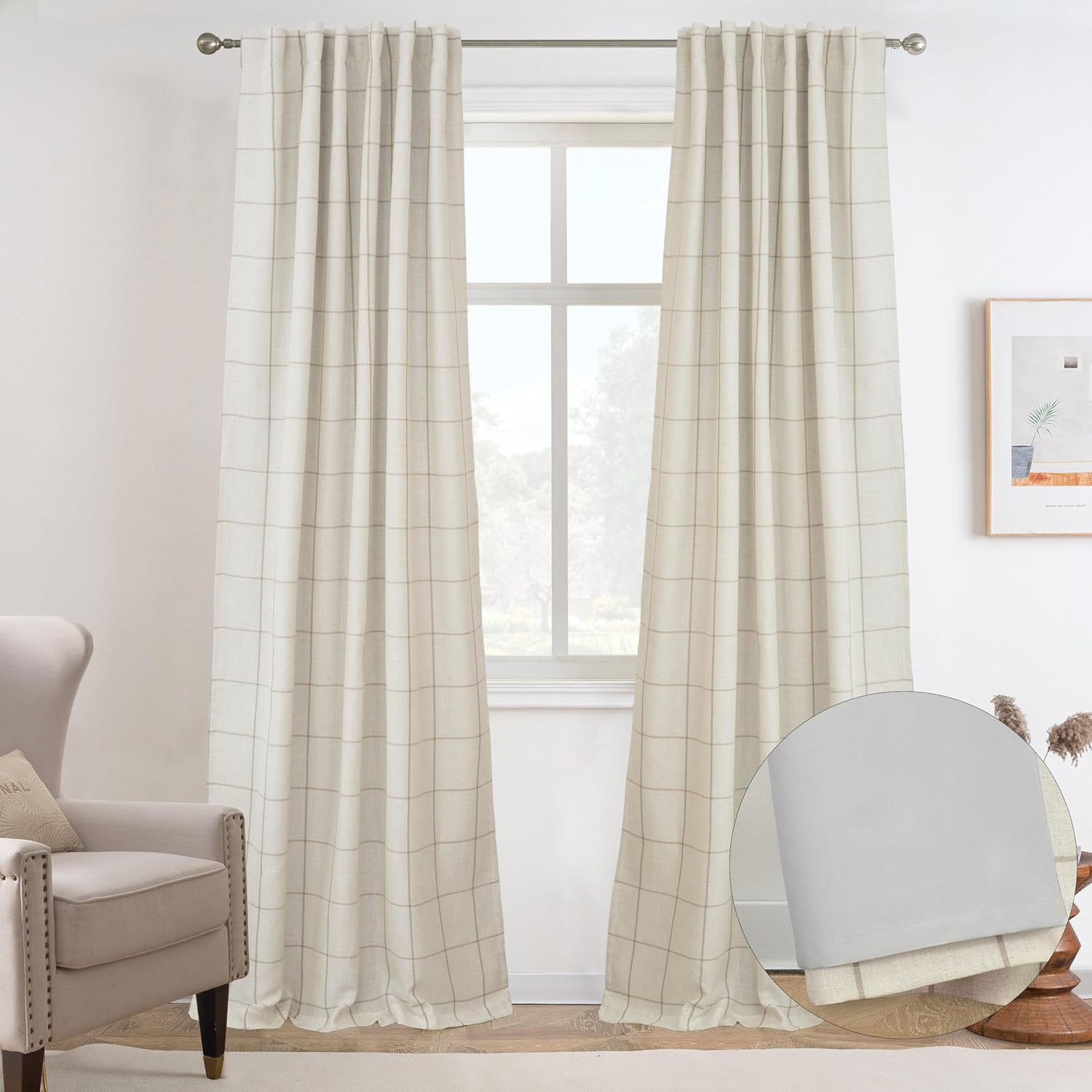 DriftAway 2 Panels 100% Blackout Windowpane Plaid Linen Curtains Double Layer Drapes for Bedroom 84 Inches Long Farmhouse Thermal Insulated 3.25 Inch Rod Pocket Back Tab for Living Room Taupe