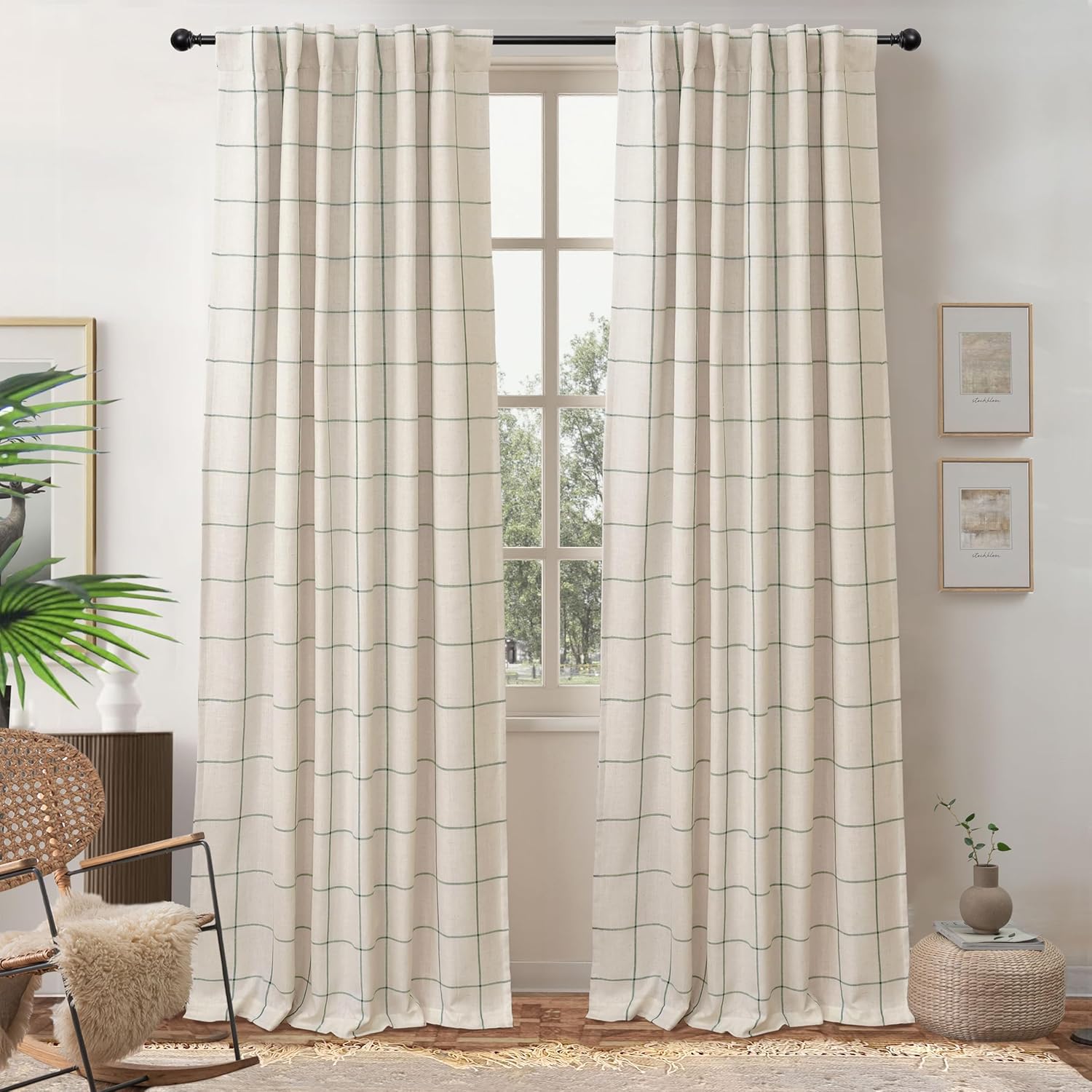DriftAway 2 Panels 100% Blackout Windowpane Plaid Linen Curtains Double Layer Drapes for Bedroom 84 Inches Long Farmhouse Thermal Insulated 3.25 Inch Rod Pocket Back Tab for Living Room Taupe
