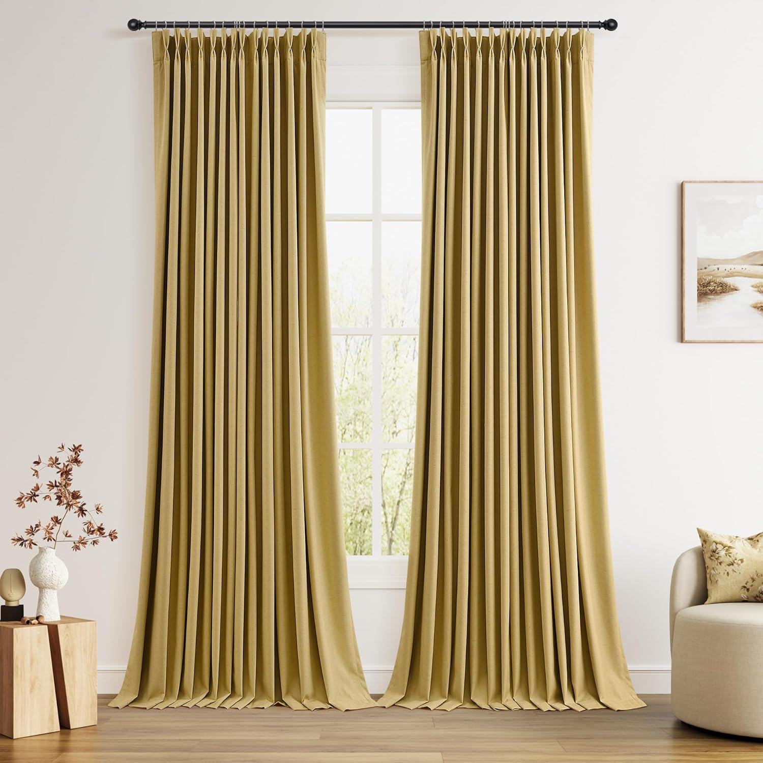 Pinch Pleated 100% Blackout Linen Curtains 96 Inches Long for Bedroom Living Room Memory Trained Pinch Pleat Linen Curtains Rustic Farmhouse Thermal Insulated Natural Cream Pleated Drapes 8ft 40x96