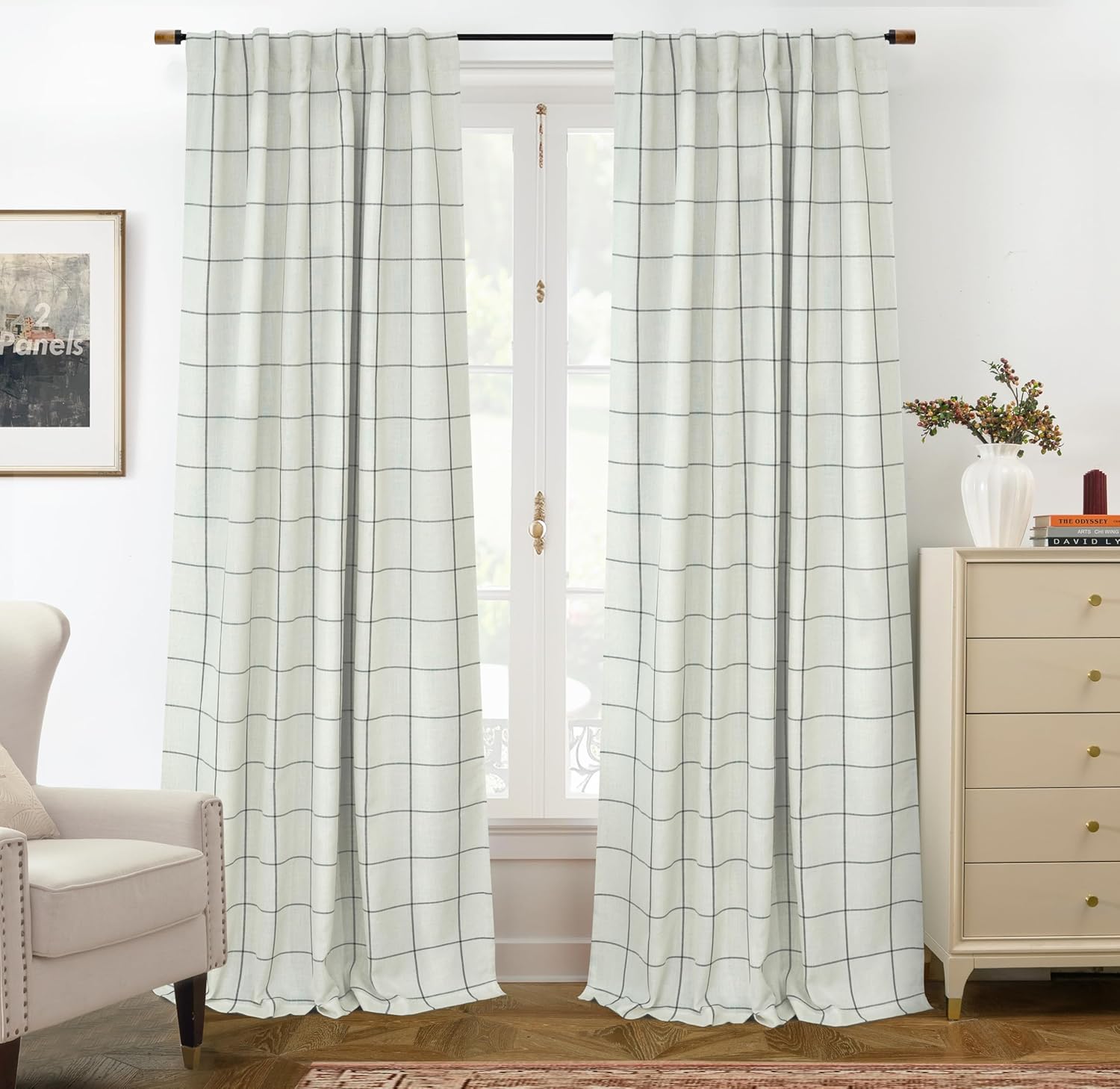 DriftAway 2 Panels 100% Blackout Windowpane Plaid Linen Curtains Double Layer Drapes for Bedroom 84 Inches Long Farmhouse Thermal Insulated 3.25 Inch Rod Pocket Back Tab for Living Room Taupe