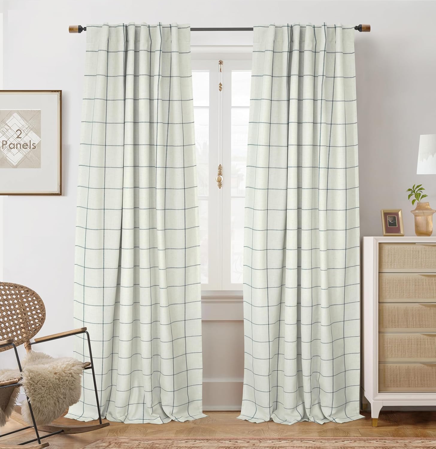 DriftAway 2 Panels 100% Blackout Windowpane Plaid Linen Curtains Double Layer Drapes for Bedroom 84 Inches Long Farmhouse Thermal Insulated 3.25 Inch Rod Pocket Back Tab for Living Room Taupe