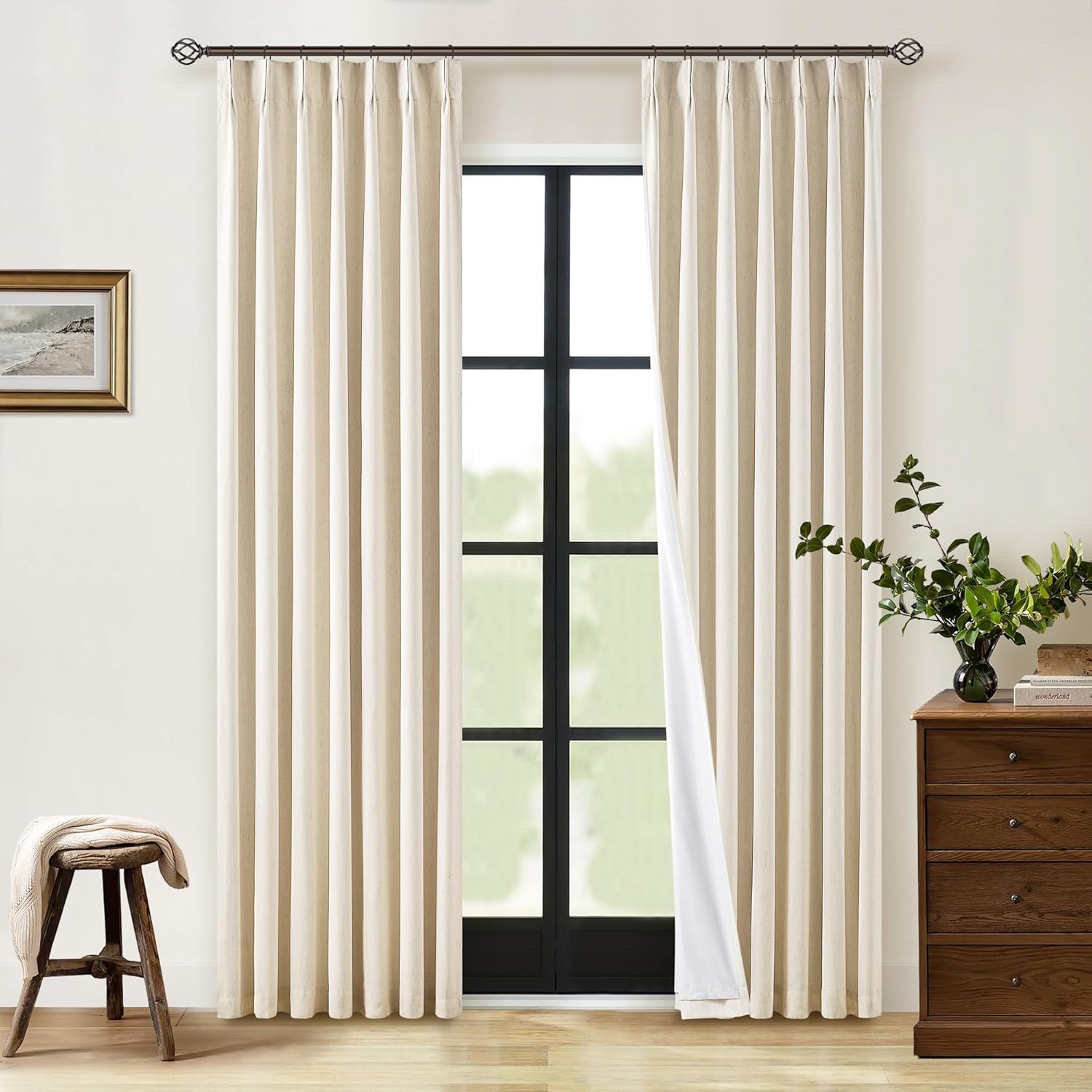 102 Inches Long Pinch Pleated Linen Blackout Curtains for Bedroom Back Tab Track Memory Trained Shape Farmhouse Light Blocking Curtains 102 Inch Length for Living Dining Room Darkening Drapes Cream