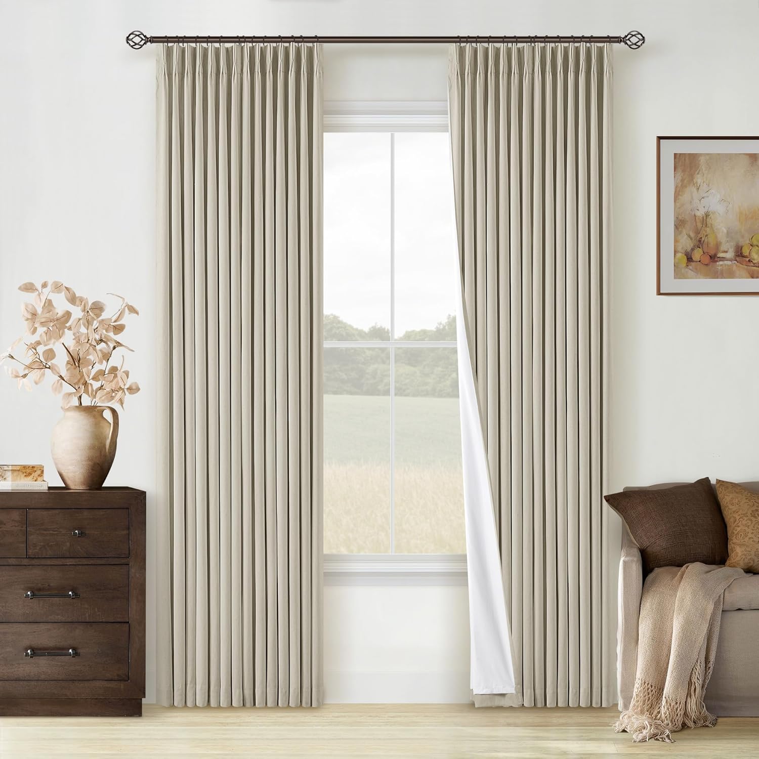 102 Inches Long Pinch Pleated Linen Blackout Curtains for Bedroom Back Tab Track Memory Trained Shape Farmhouse Light Blocking Curtains 102 Inch Length for Living Dining Room Darkening Drapes Cream