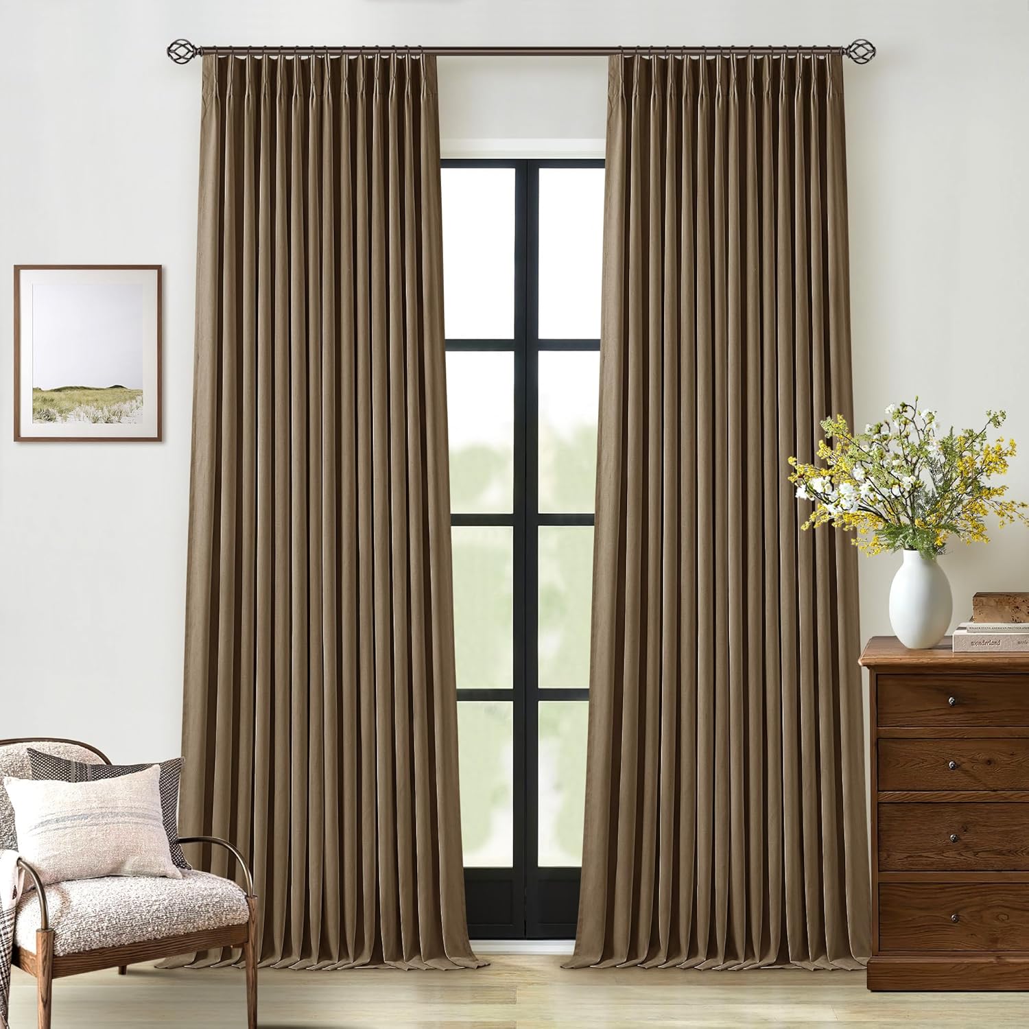 102 Inches Long Pinch Pleated Linen Blackout Curtains for Bedroom Back Tab Track Memory Trained Shape Farmhouse Light Blocking Curtains 102 Inch Length for Living Dining Room Darkening Drapes Cream