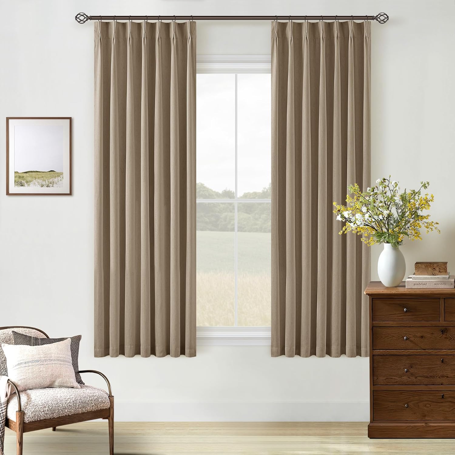 102 Inches Long Pinch Pleated Linen Blackout Curtains for Bedroom Back Tab Track Memory Trained Shape Farmhouse Light Blocking Curtains 102 Inch Length for Living Dining Room Darkening Drapes Cream