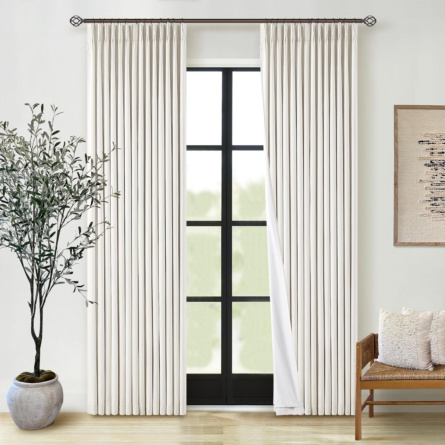 102 Inches Long Pinch Pleated Linen Blackout Curtains for Bedroom Back Tab Track Memory Trained Shape Farmhouse Light Blocking Curtains 102 Inch Length for Living Dining Room Darkening Drapes Cream