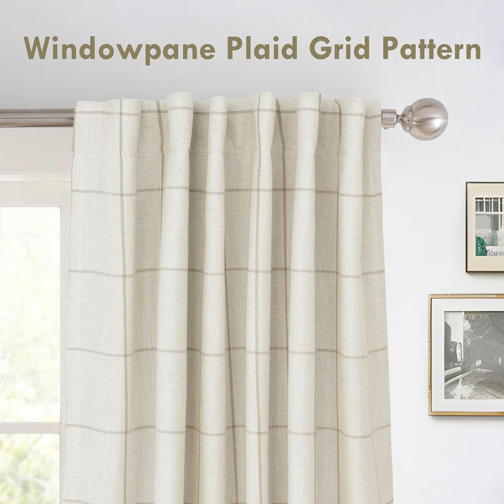 DriftAway 2 Panels 100% Blackout Windowpane Plaid Linen Curtains Double Layer Drapes for Bedroom 84 Inches Long Farmhouse Thermal Insulated 3.25 Inch Rod Pocket Back Tab for Living Room Taupe