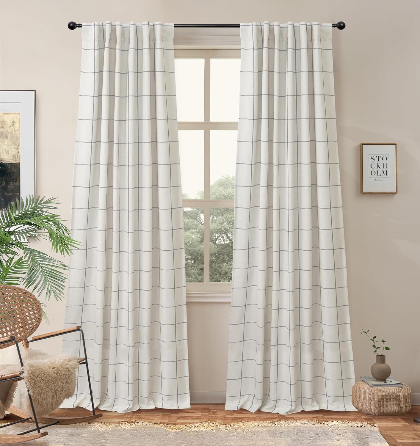 DriftAway 2 Panels 100% Blackout Windowpane Plaid Linen Curtains Double Layer Drapes for Bedroom 84 Inches Long Farmhouse Thermal Insulated 3.25 Inch Rod Pocket Back Tab for Living Room Taupe