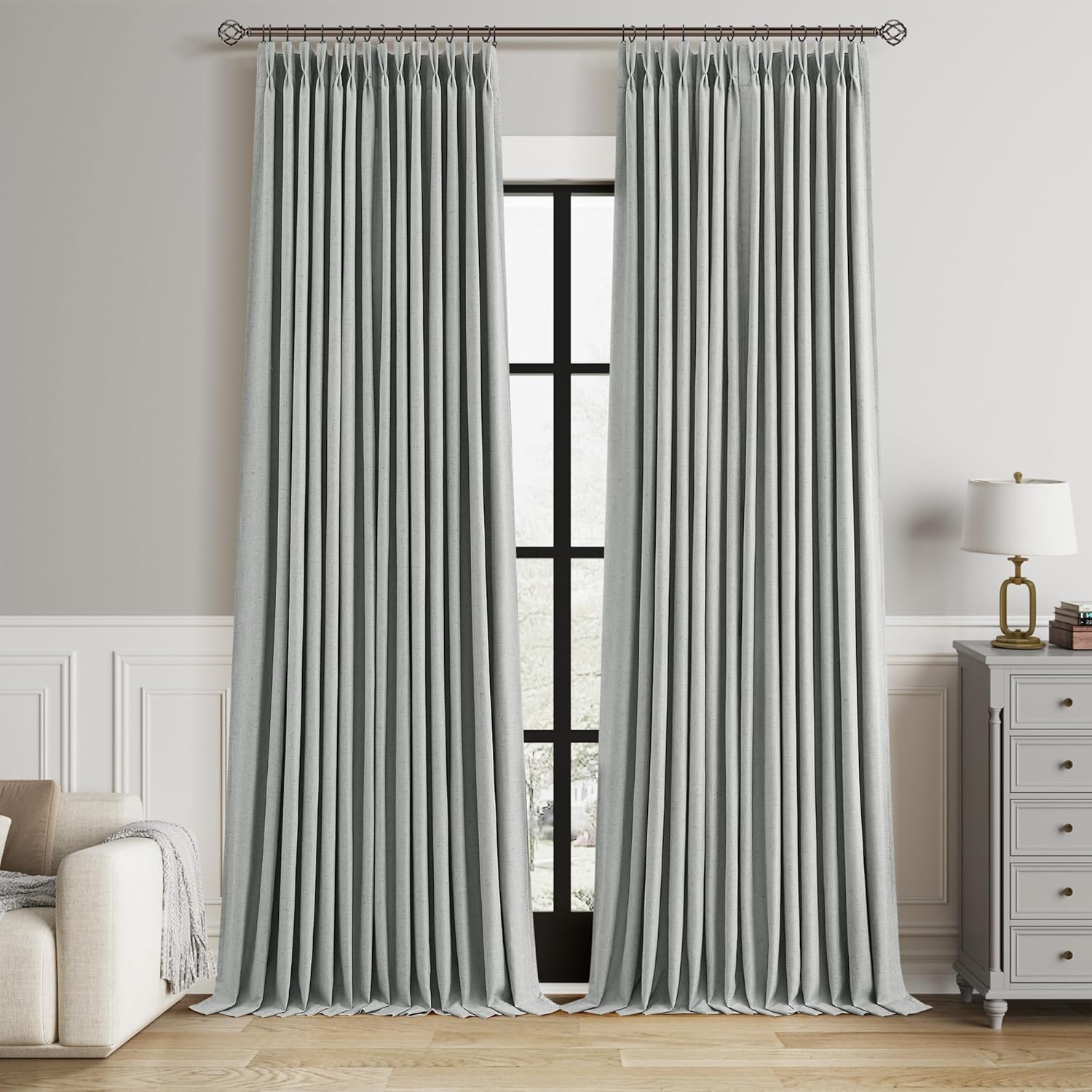 100% Blackout Pinch Pleated Curtains Linen 90 Inches Long for Bedroom 2 Panels Set Full Black Out Thermal Insulated Curtain Natural Boho Farmhouse Pinch Pleat Double Layer Room Darkening Drapes Cream