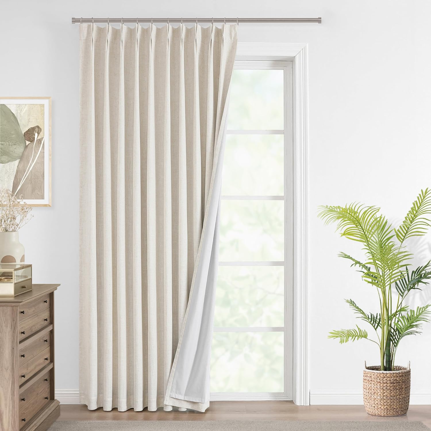 Vision Home Natural Pinch Pleated Full Blackout Curtains Linen Blended Room Darkening Window Curtains 90 inch for Living Room Bedroom Thermal Insulated Pinch Pleat Drapes with Hooks 2 Panel 40"Wx90"L
