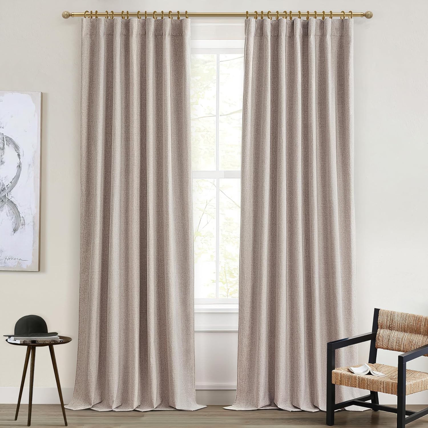 Black Out 96 Inch Long Boho Curtains 2 Panel Set, Farmhouse Curtains for Living Room Darkening/Thermal/Noise Reduction Textured Flax Linen Drape 8ft Hook&Ring Included Birch Off White 50"x96"