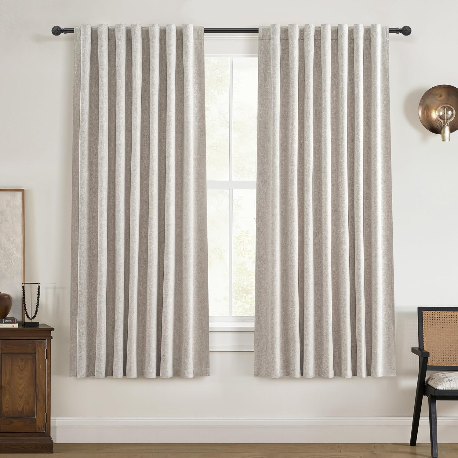 Black Out 96 Inch Long Boho Curtains 2 Panel Set, Farmhouse Curtains for Living Room Darkening/Thermal/Noise Reduction Textured Flax Linen Drape 8ft Hook&Ring Included Birch Off White 50"x96"