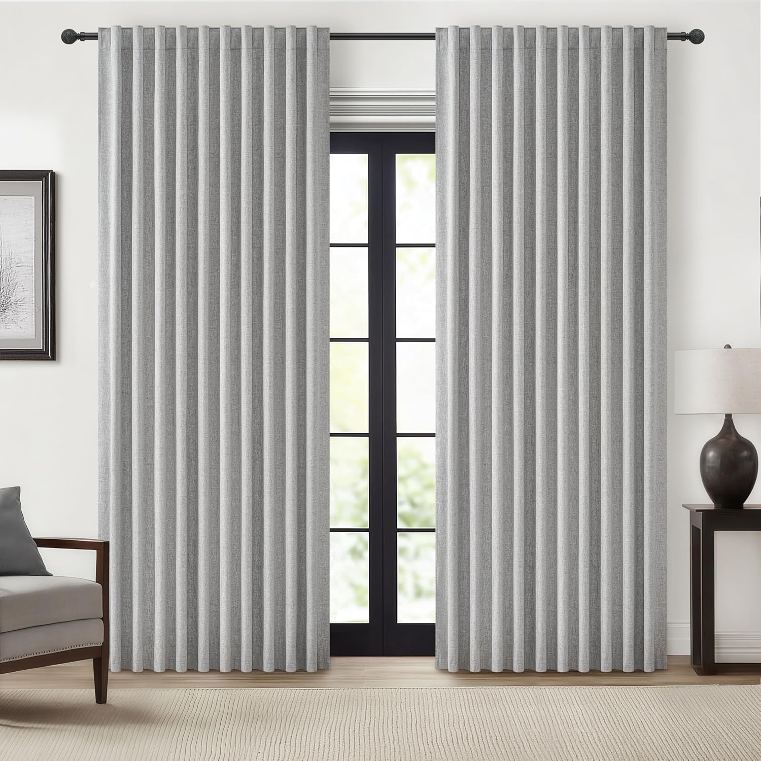 Black Out 96 Inch Long Boho Curtains 2 Panel Set, Farmhouse Curtains for Living Room Darkening/Thermal/Noise Reduction Textured Flax Linen Drape 8ft Hook&Ring Included Birch Off White 50"x96"