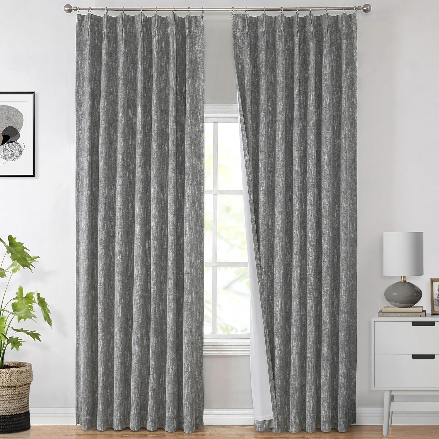 Vision Home Natural Pinch Pleated Full Blackout Curtains Linen Blended Room Darkening Window Curtains 90 inch for Living Room Bedroom Thermal Insulated Pinch Pleat Drapes with Hooks 2 Panel 40"Wx90"L