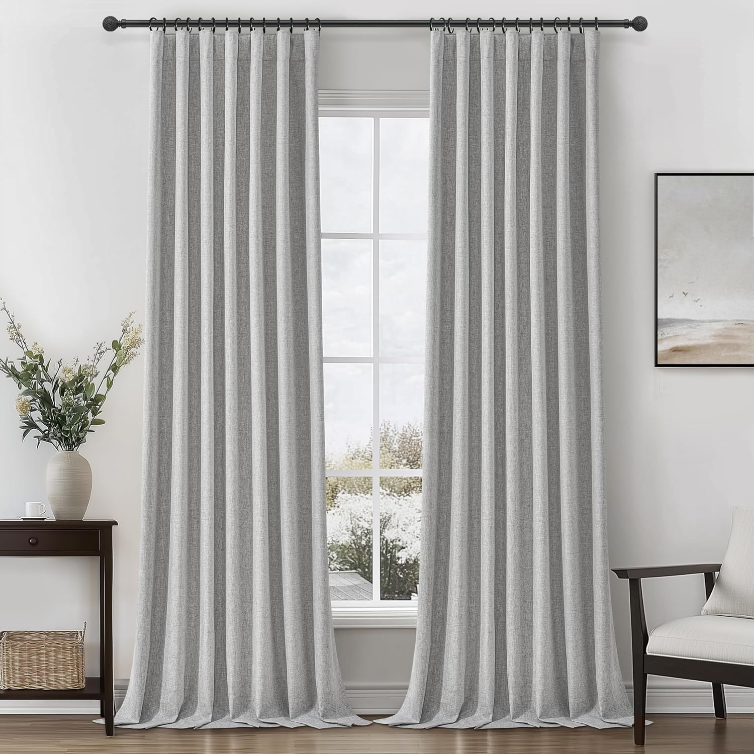 Black Out 96 Inch Long Boho Curtains 2 Panel Set, Farmhouse Curtains for Living Room Darkening/Thermal/Noise Reduction Textured Flax Linen Drape 8ft Hook&Ring Included Birch Off White 50"x96"
