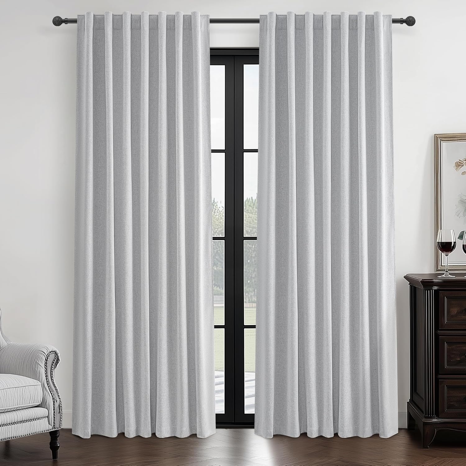 Black Out 96 Inch Long Boho Curtains 2 Panel Set, Farmhouse Curtains for Living Room Darkening/Thermal/Noise Reduction Textured Flax Linen Drape 8ft Hook&Ring Included Birch Off White 50"x96"