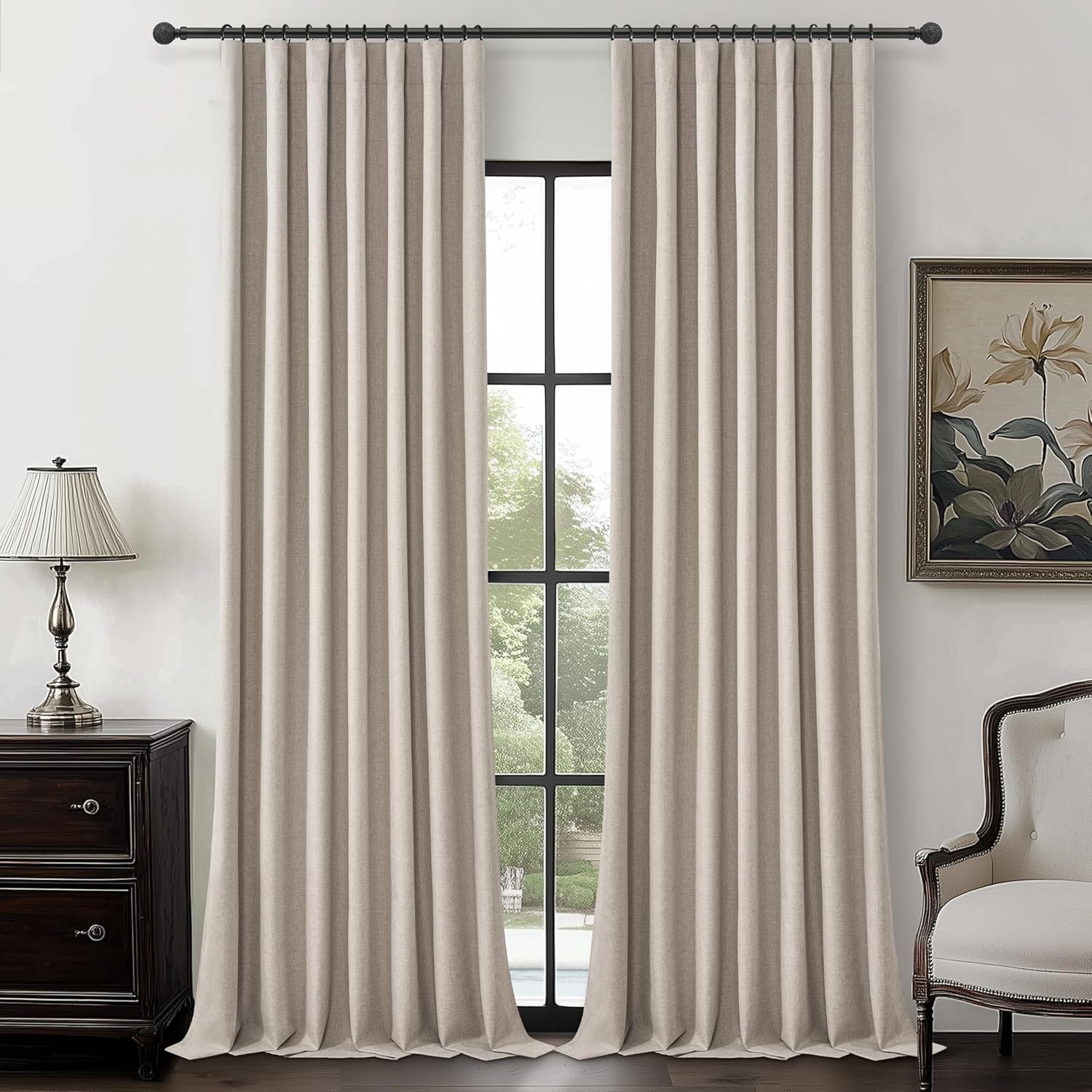 Black Out 96 Inch Long Boho Curtains 2 Panel Set, Farmhouse Curtains for Living Room Darkening/Thermal/Noise Reduction Textured Flax Linen Drape 8ft Hook&Ring Included Birch Off White 50"x96"