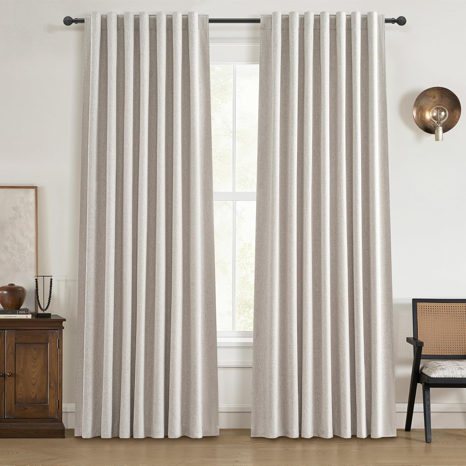 Black Out 96 Inch Long Boho Curtains 2 Panel Set, Farmhouse Curtains for Living Room Darkening/Thermal/Noise Reduction Textured Flax Linen Drape 8ft Hook&Ring Included Birch Off White 50"x96"