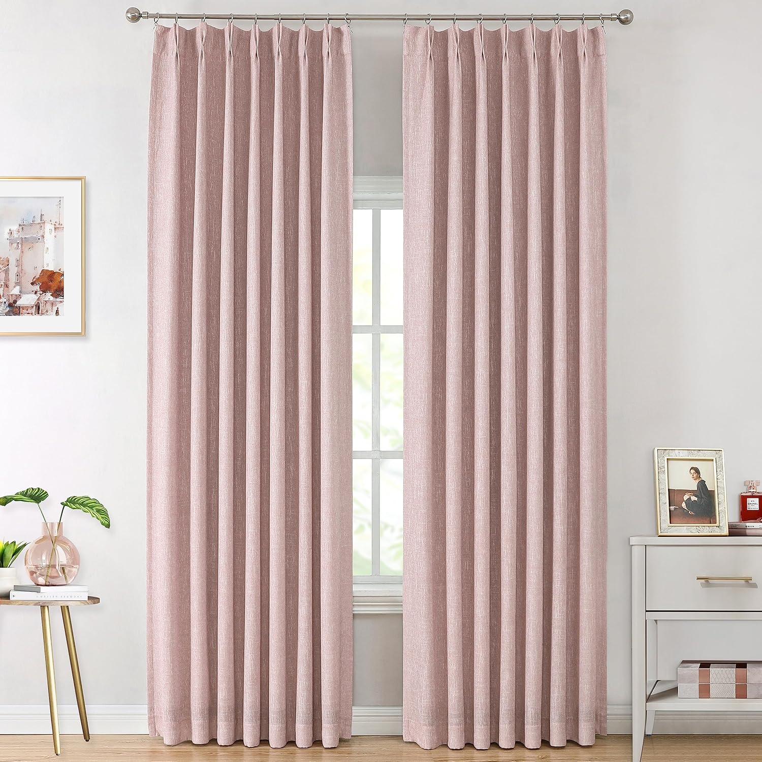 Vision Home Natural Pinch Pleated Full Blackout Curtains Linen Blended Room Darkening Window Curtains 90 inch for Living Room Bedroom Thermal Insulated Pinch Pleat Drapes with Hooks 2 Panel 40"Wx90"L
