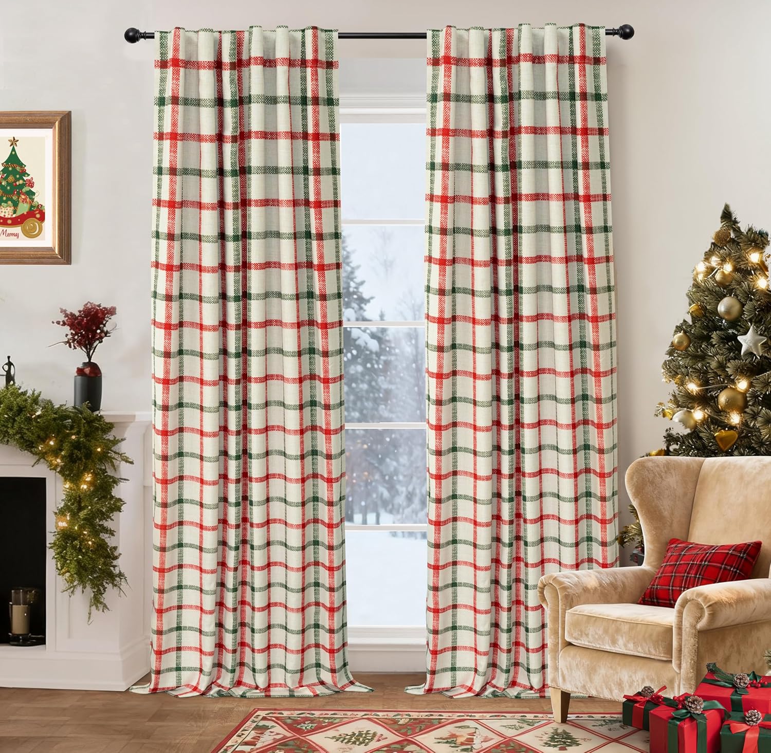 DriftAway 2 Panels 100% Blackout Windowpane Plaid Linen Curtains Double Layer Drapes for Bedroom 84 Inches Long Farmhouse Thermal Insulated 3.25 Inch Rod Pocket Back Tab for Living Room Taupe