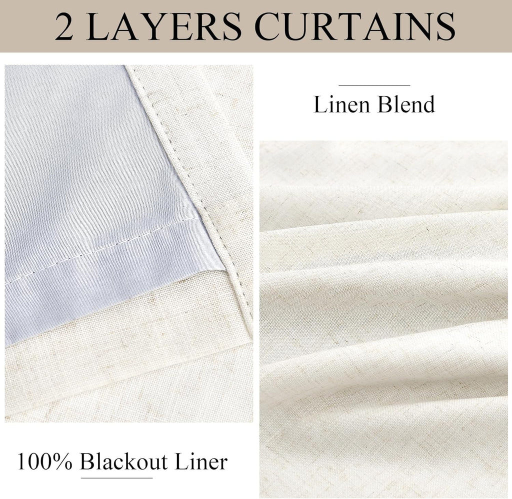 100% Blackout Pinch Pleated Curtains Linen 90 Inches Long for Bedroom 2 Panels Set Full Black Out Thermal Insulated Curtain Natural Boho Farmhouse Pinch Pleat Double Layer Room Darkening Drapes Cream