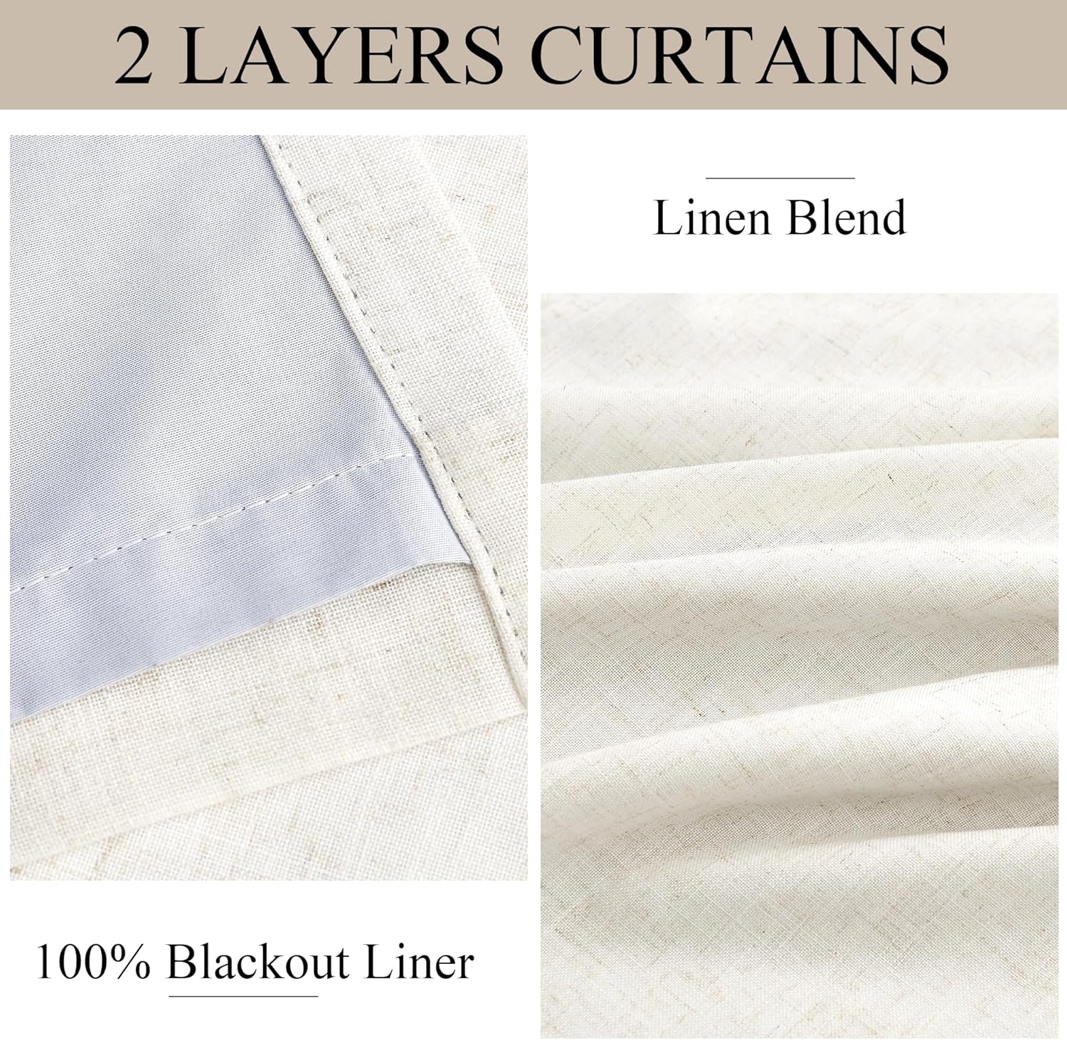 100% Blackout Pinch Pleated Curtains Linen 90 Inches Long for Bedroom 2 Panels Set Full Black Out Thermal Insulated Curtain Natural Boho Farmhouse Pinch Pleat Double Layer Room Darkening Drapes Cream