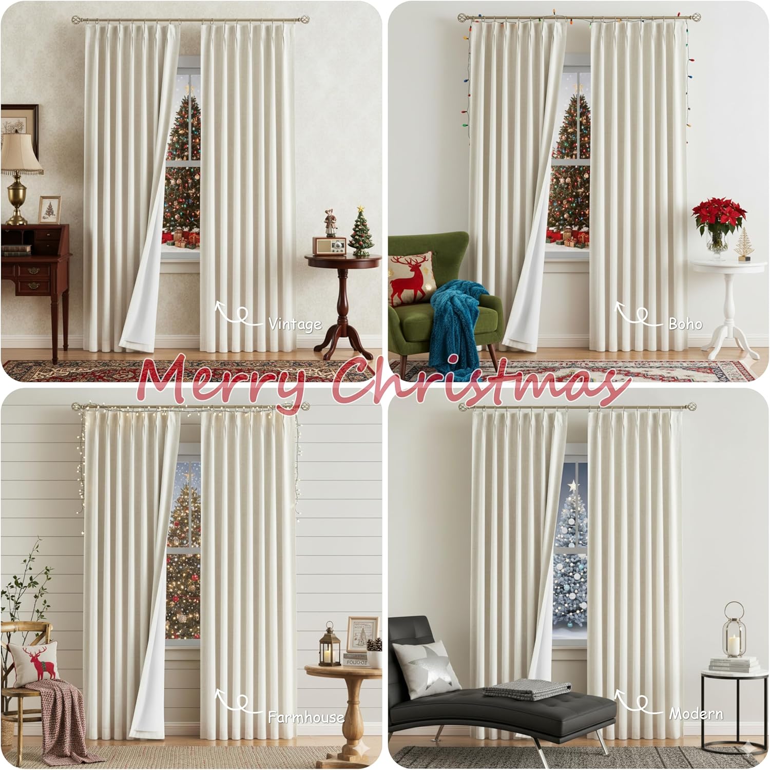 Vision Home Natural Pinch Pleated Full Blackout Curtains Linen Blended Room Darkening Window Curtains 90 inch for Living Room Bedroom Thermal Insulated Pinch Pleat Drapes with Hooks 2 Panel 40"Wx90"L
