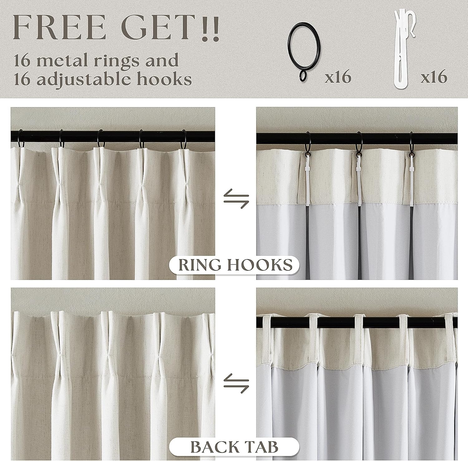 102 Inches Long Pinch Pleated Linen Blackout Curtains for Bedroom Back Tab Track Memory Trained Shape Farmhouse Light Blocking Curtains 102 Inch Length for Living Dining Room Darkening Drapes Cream