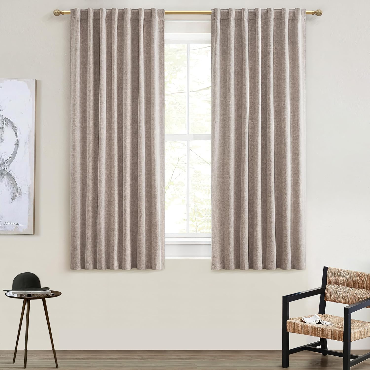 Black Out 96 Inch Long Boho Curtains 2 Panel Set, Farmhouse Curtains for Living Room Darkening/Thermal/Noise Reduction Textured Flax Linen Drape 8ft Hook&Ring Included Birch Off White 50"x96"