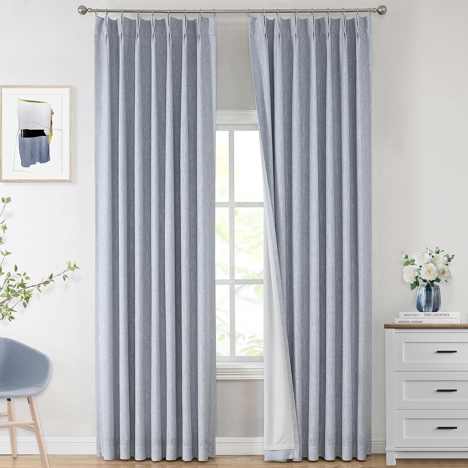 Vision Home Natural Pinch Pleated Full Blackout Curtains Linen Blended Room Darkening Window Curtains 90 inch for Living Room Bedroom Thermal Insulated Pinch Pleat Drapes with Hooks 2 Panel 40"Wx90"L