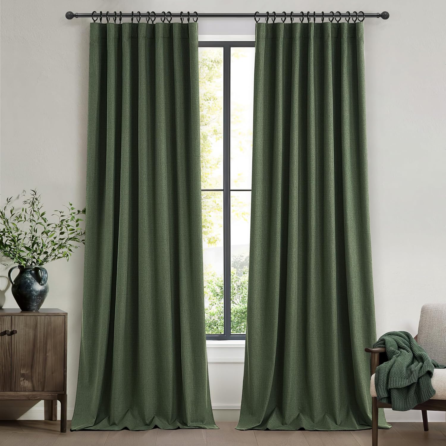 Black Out 96 Inch Long Boho Curtains 2 Panel Set, Farmhouse Curtains for Living Room Darkening/Thermal/Noise Reduction Textured Flax Linen Drape 8ft Hook&Ring Included Birch Off White 50"x96"