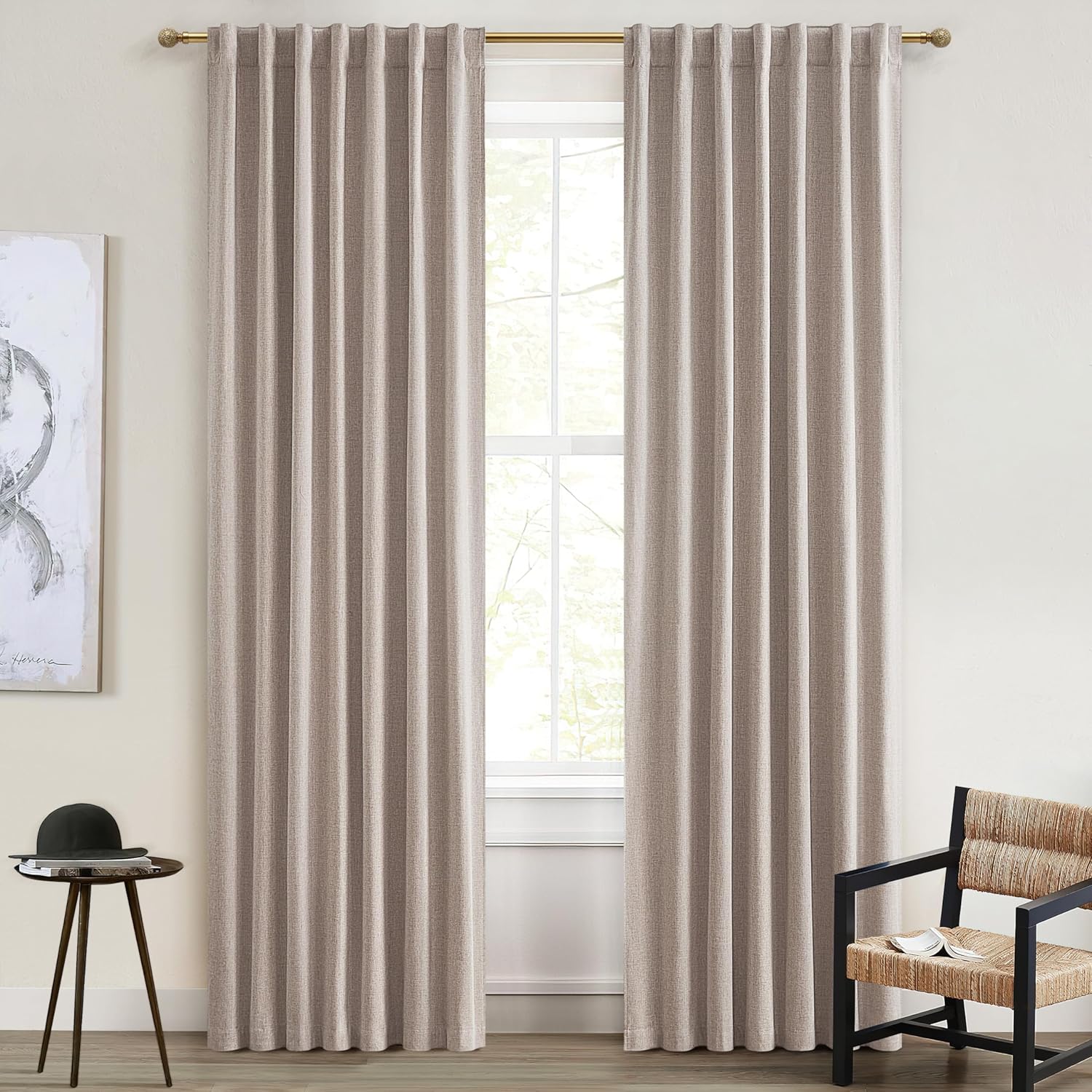 Black Out 96 Inch Long Boho Curtains 2 Panel Set, Farmhouse Curtains for Living Room Darkening/Thermal/Noise Reduction Textured Flax Linen Drape 8ft Hook&Ring Included Birch Off White 50"x96"